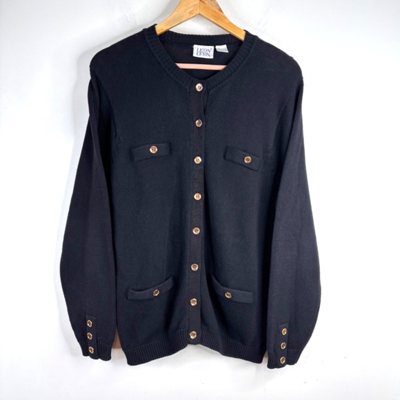 VTG Leon Levin Cardigan L Lady Jacket Cotton Black Gold Button Preppy Old Money - Picture 9 of 9